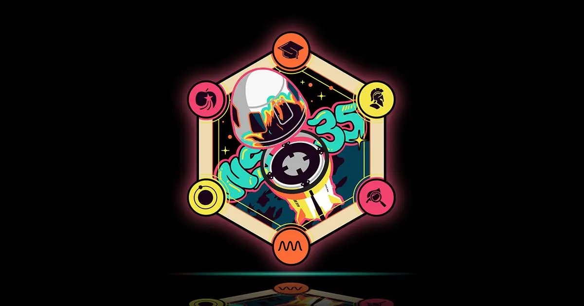 A hexagonal mission patch that says NS-35.