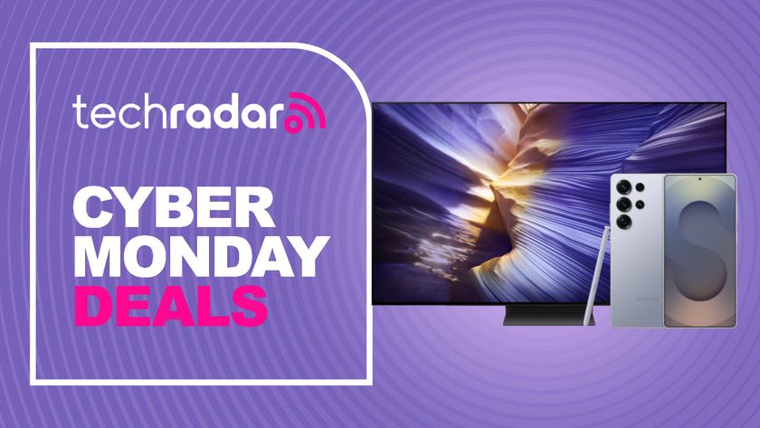 Samsung S90F TV and Galaxy S25 Ultra on purple background with techradar cyber monday deals text overlay