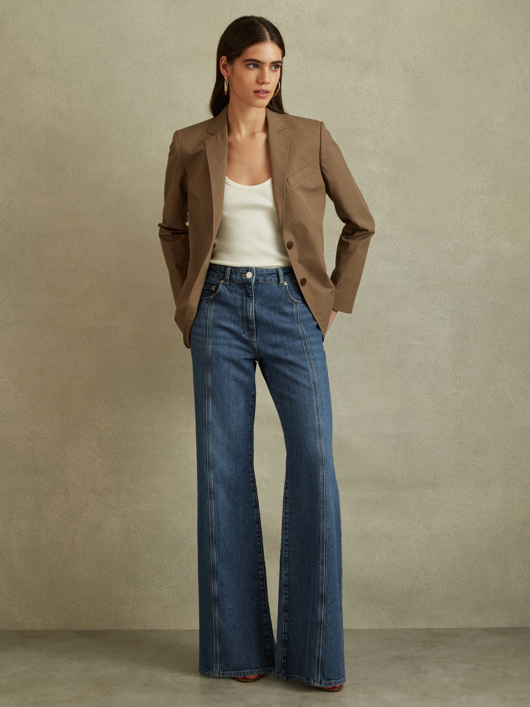 Reiss, Juniper Flared Front Seam Jeans in Mid Blue