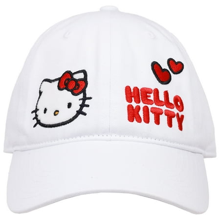 Hello Kitty Baseball Cap, Women's Dad Hat With Flat Brim and Faux Fur Patch, White, One Size