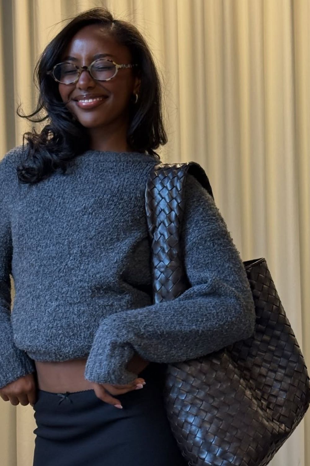 a close-up shot of medium-length hair styled with glasses