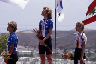 Mission Viejo, CA - 1984: (L-R) Rebecca Twigg, Connie Carpenter, Sandra Schumacher, Women's road cycling medal ceremony, at the 1984 Summer Olympics, July 29, 1984. (Photo by Steve Fenn /ABC via Getty Images)