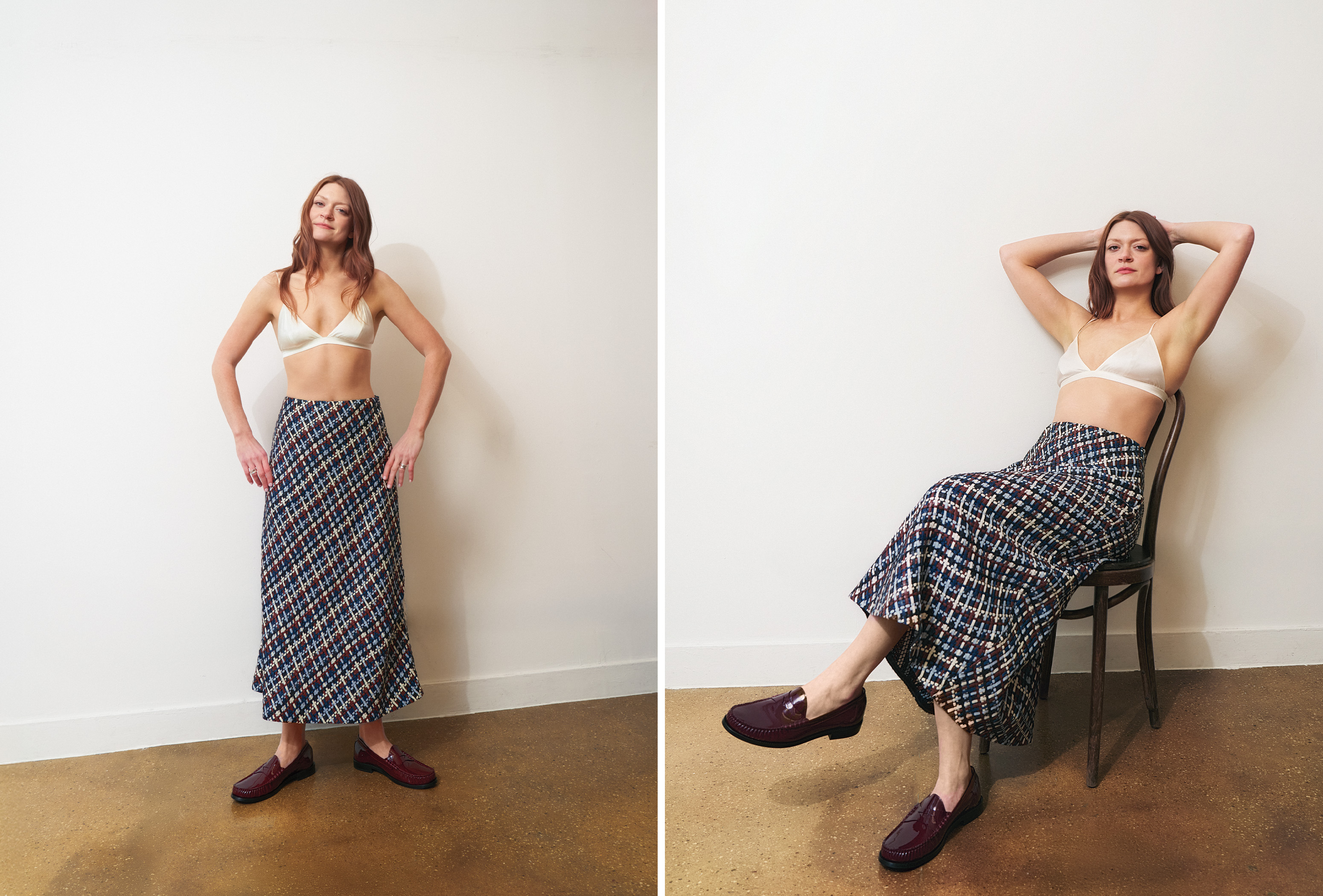 Colby Minifie photographed by Emily Soto. On the left, she is standing wearing a white bralette with a plaid maxi skirt and burgundy loafers. On the right, she is sitting in a chair in the same look.