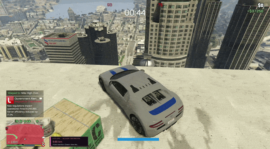 A car plummets to the ground from high in the air.