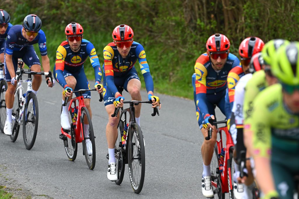 KANBO FRANCE APRIL 02 LR Fabio Felline of Italy and Tao Geoghegan Hart of The United Kingdom and Team Lidl Trek compete during the 63rd Itzulia Basque Country 2024 Stage 2 a 160km stage from Irun to Kanbo UCIWWT on April 02 2024 in Kanbo France Photo by Tim de WaeleGetty Images