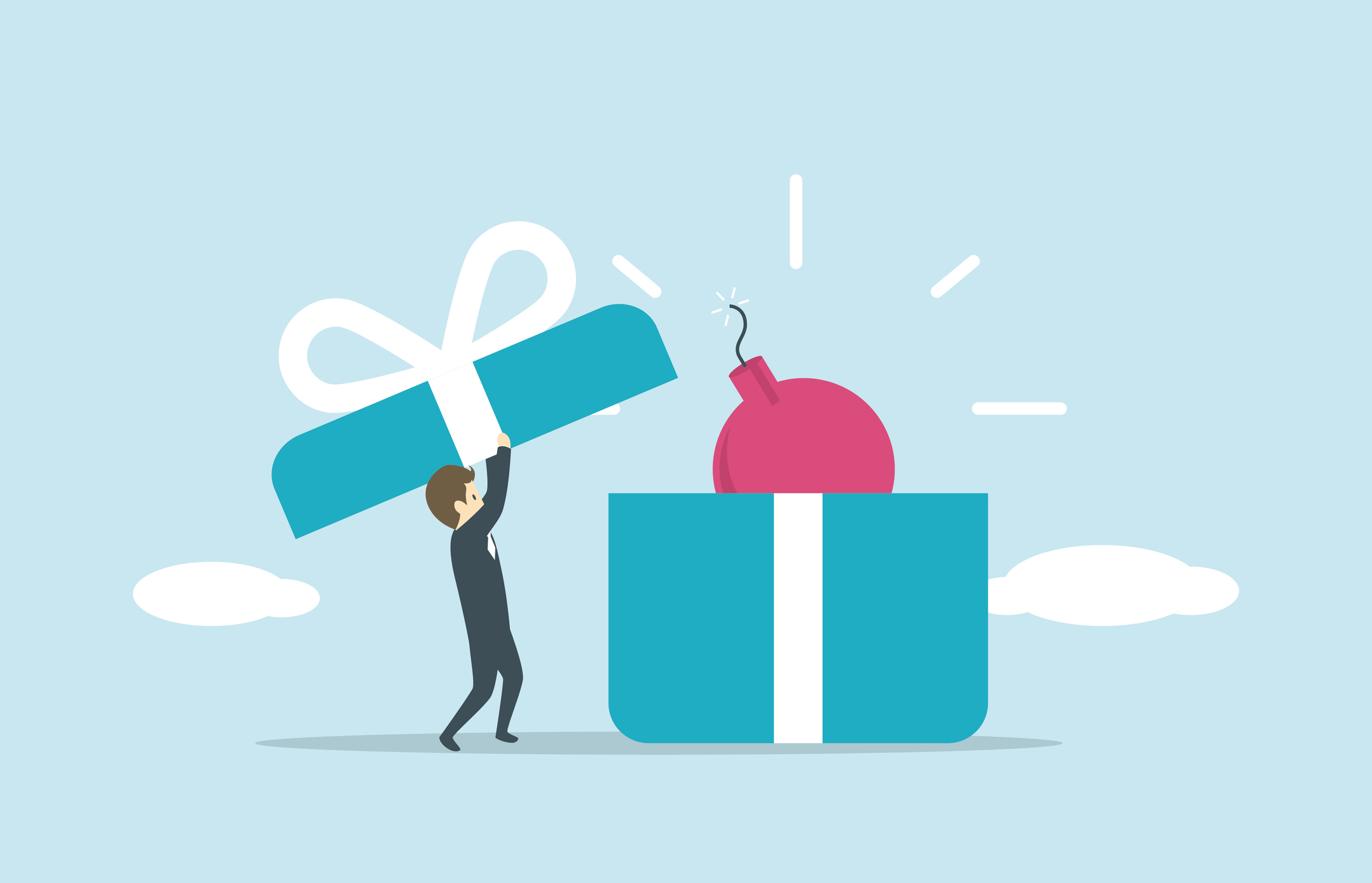 Inheritance tax. Person opening a gift with a bomb inside