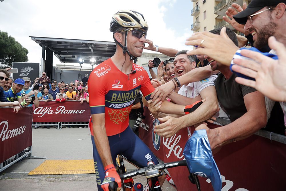 Giovanni Visconti (Barhain-Merida) speaks to the press after placing second at stage 5 of the Giro d'Italia
