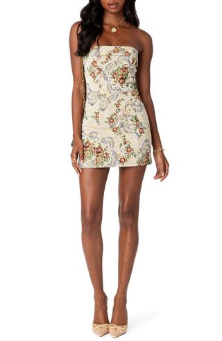 Floral Tapestry Lace-Up Back Strapless Minidress