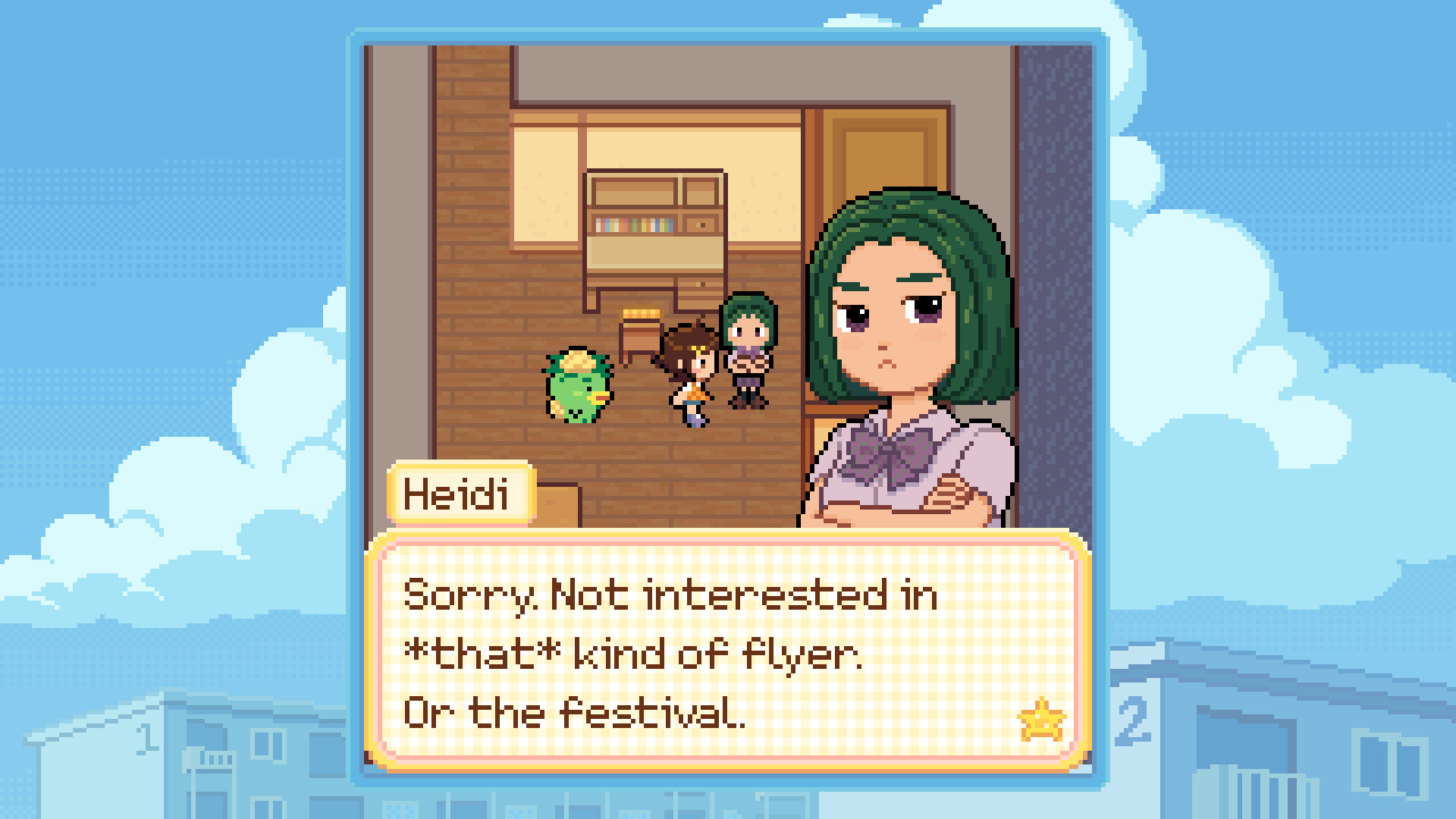 In pixelated slice-of-life adventure, Danchi Days, the player character meets a girl with green hair called Heide who says she's not interested in the festival