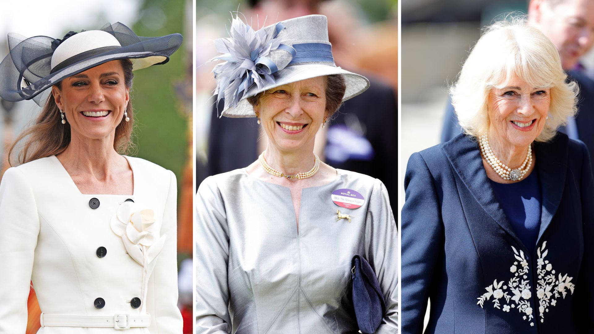 A composite of pictures of Kate Middleton, Princess Anne and Queen Camilla wearing different pearl jewellery