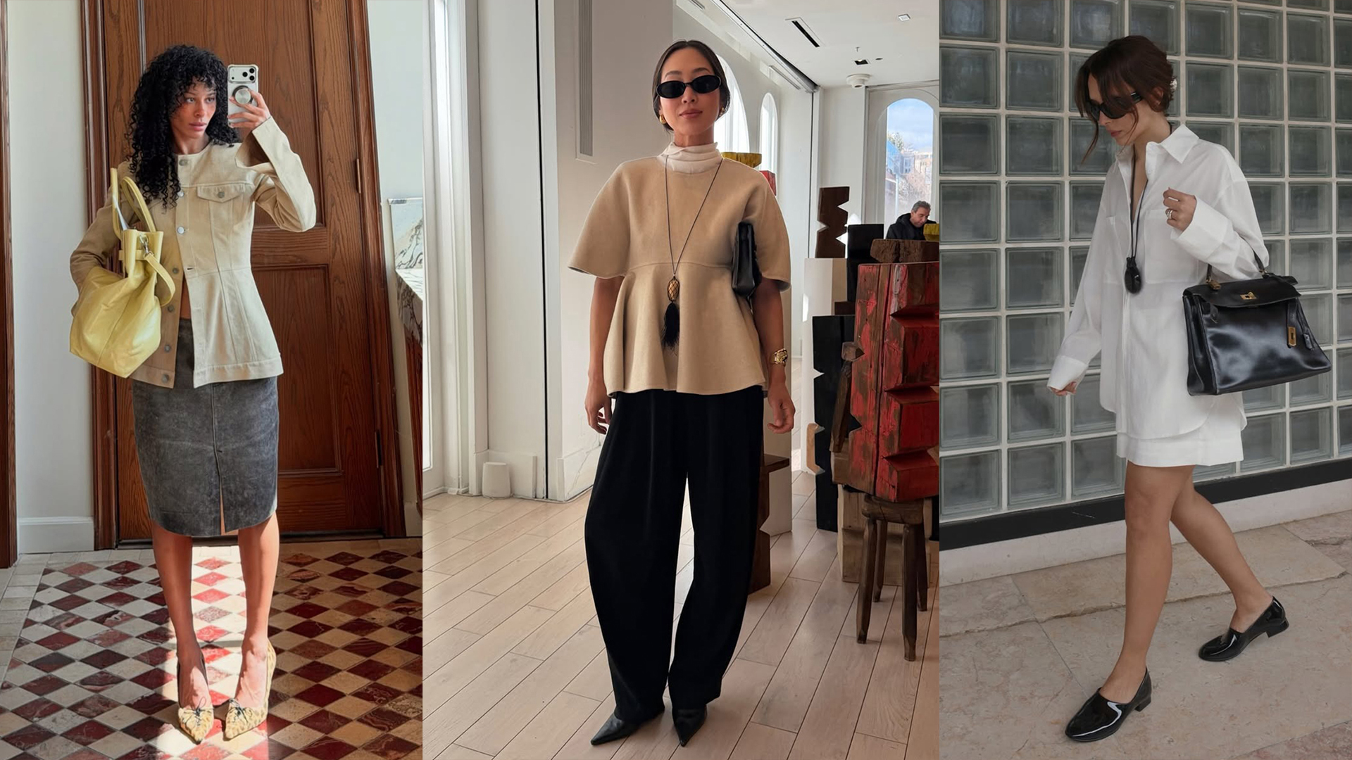 sami miro wearing a leather jacket and skirt, and yellow bag; aimee song wearing a tan shirt and black pants; debora rosa wearing a white button-down and skirt, and black loafers