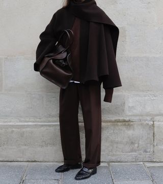 chocolate brown trouser and scarf coat