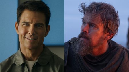 From left to right: Tom Cruise smiling as Maverick in Top Gun: Maverick and Matt Damon looking stressed as Odysseus in The Odyssey.