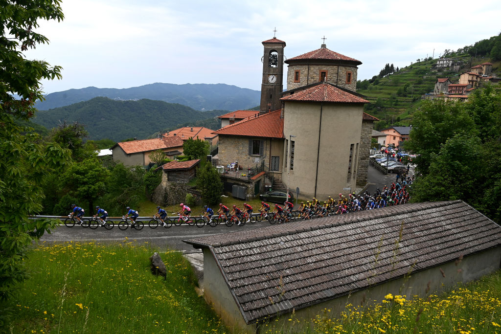 BERGAMO ITALY MAY 21 Geraint Thomas of The United Kingdom and Team INEOS Grenadiers Bruno Armirail of France and Team Groupama FDJ Pink Leader Jersey and a general view of the peloton climbing to the Valico di Valcava 1336m during the 106th Giro dItalia 2023 Stage 15 a 195km stage from Seregno to Bergamo UCIWT on May 21 2023 in Bergamo Italy Photo by Tim de WaeleGetty Images