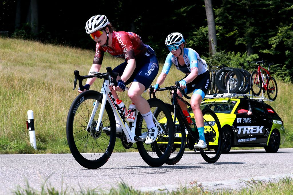 CHUR SWITZERLAND JUNE 20 LR Aline Seitz of Switzerland and Team Roland Cogeas Edelweiss Squad and Christa Riffel of Germany and Team Coop Hitec Products compete in the breakaway during the 2nd Tour de Suisse Women 2022 Stage 3 a 1242km stage from Vaduz to Chur on June 20 2022 in Chur Switzerland Photo by Heinz ZwickyGetty Images