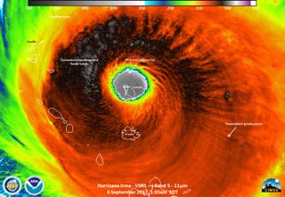 An infrared image captured by the Visible Infrared Imaging Radiometer Suite (VIIRS) instrument on board the NOAA/NASA Suomi NPP satellite, on Sept. 6, 2017, showing Category 5 Hurricane Irma as it made landfall on the island of Barbuda. A VIIRS instrument will also fly on the JPSS-1 satellite.
