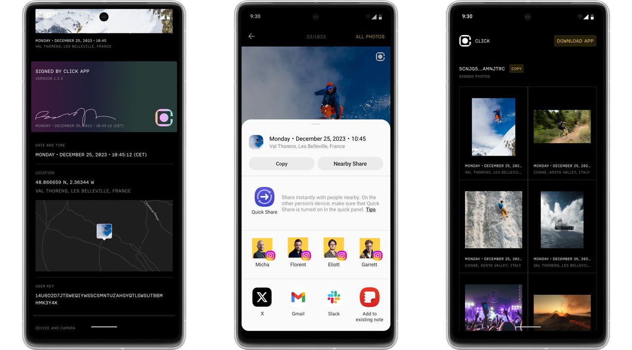 Nodle Click app smartphone UI share and gallery screenshots