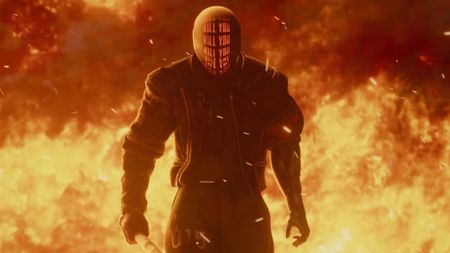 Ruiner 2 trailer still - Kill You guy standing in front of a bunch of fire