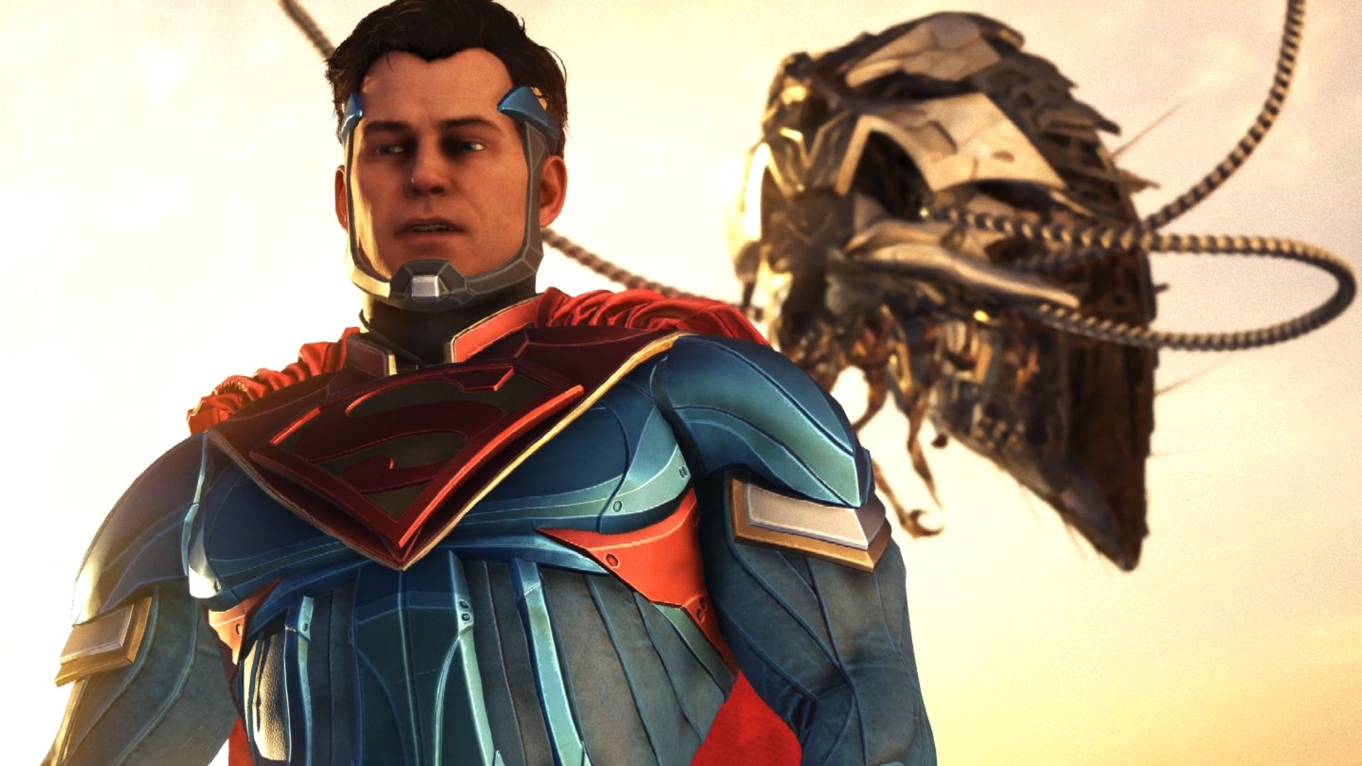 Superman with Brainiac's ship looming behind him
