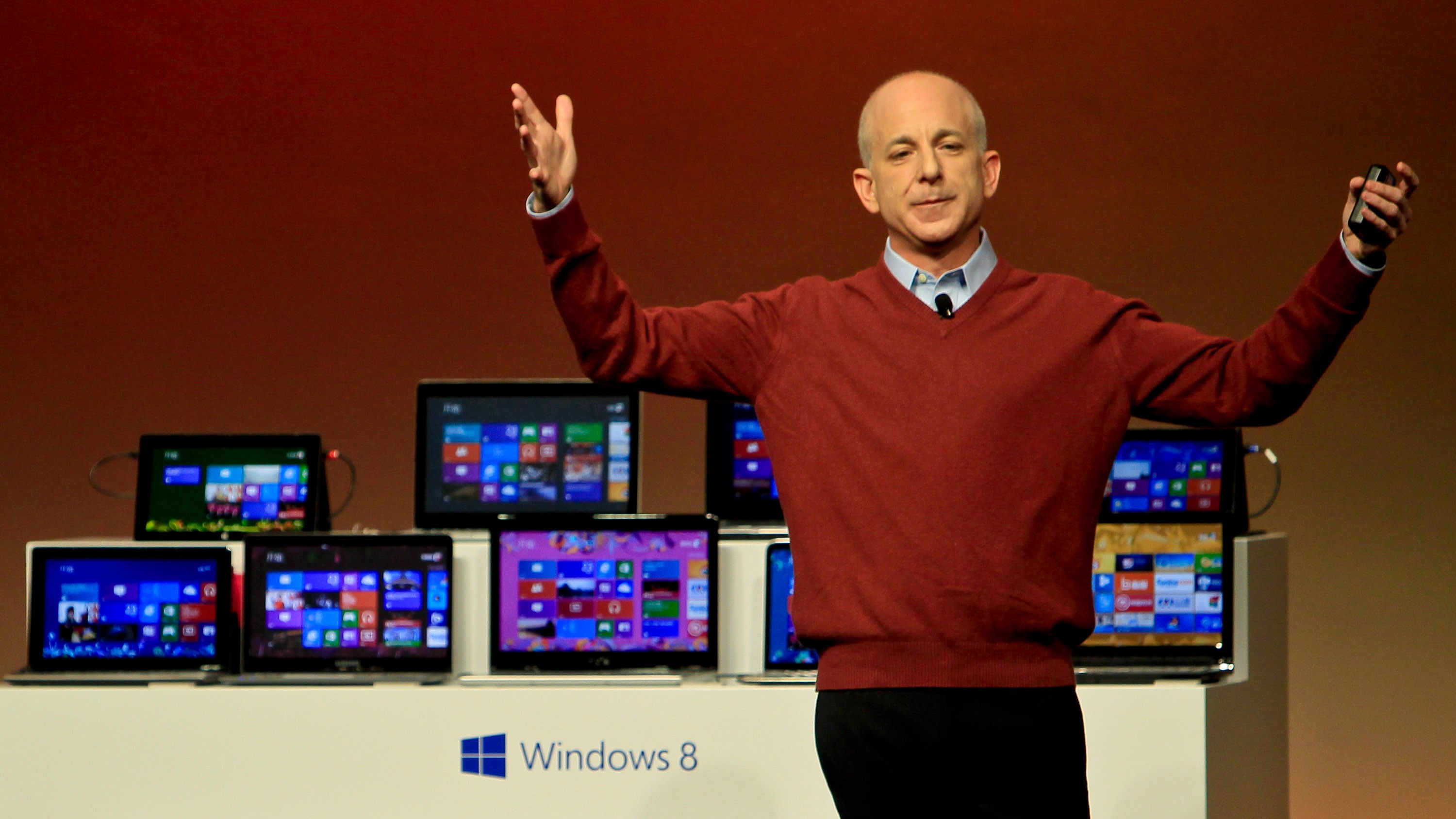 Steven Sinofsky, president of Microsoft's Windows division, speaks during a press conference to display Microsoft new tablet computer and Windows 8 software at 1933 Old Millfun on October 23, 2012 in Shanghai, China.