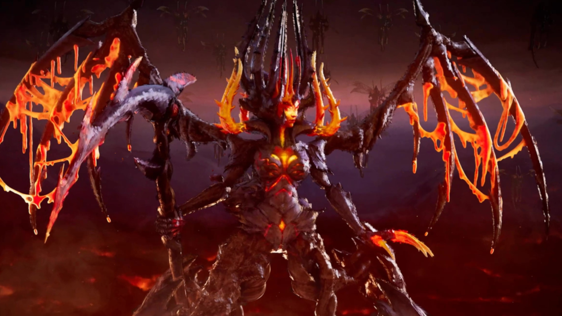 A scythe-wielding demonic insectoid woman drops lava from her wings, from the Heroes of Might and Magic: Olden Era opening cinematic