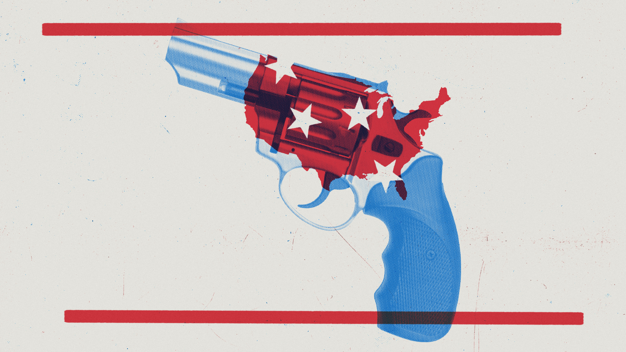 Illustration of a revolver with a silhouette of the USA in red, white and blue colours