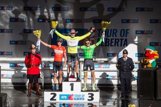 The final Tour of Alberta podium: Sepp Kuss (Rally), Evan Huffman (Rally), and Alex Howes (Cannondale-Drapac)
