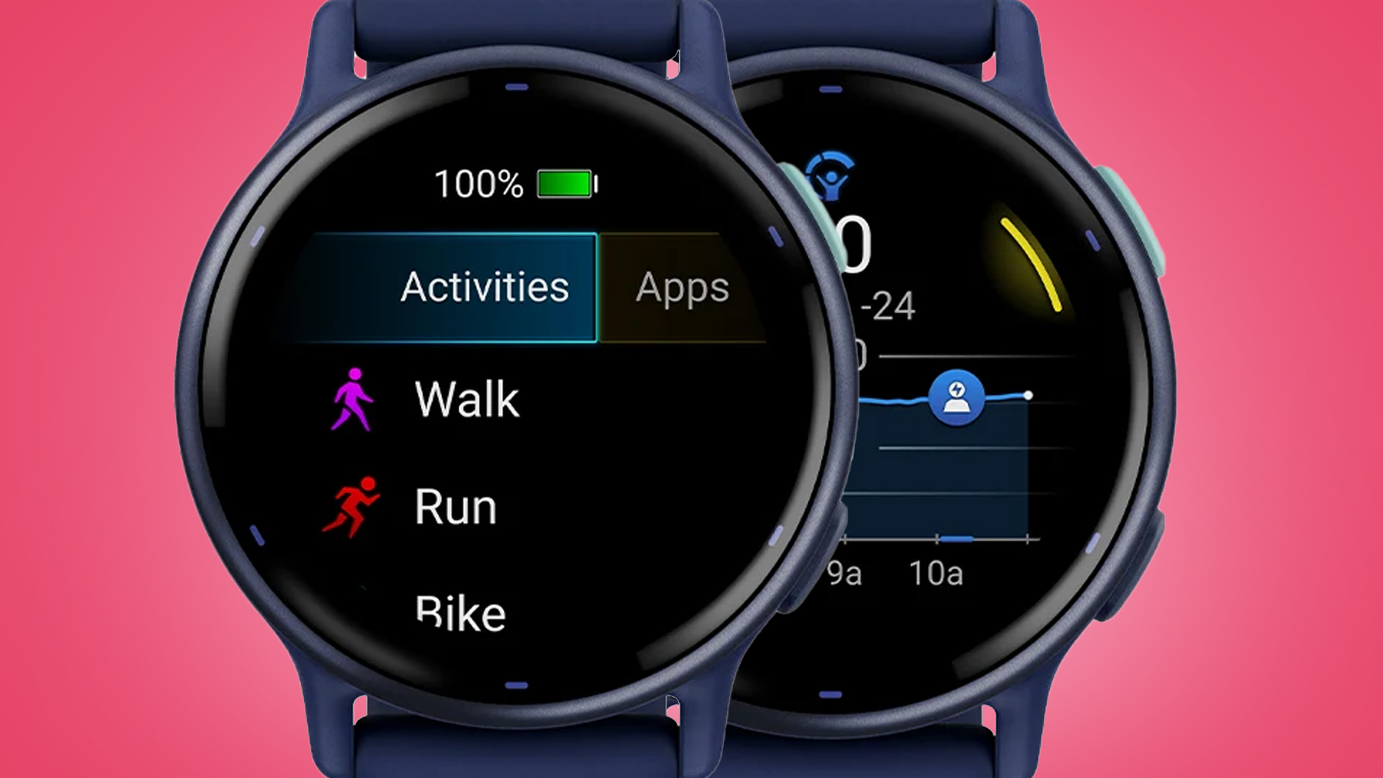 Two Garmin Vivoactive 5 watches on a pink background