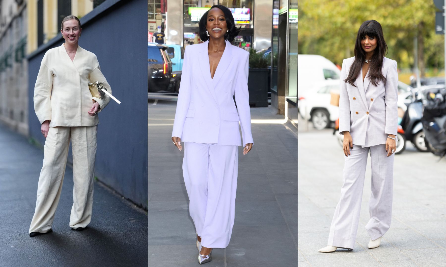 trio of images of women wearing suits