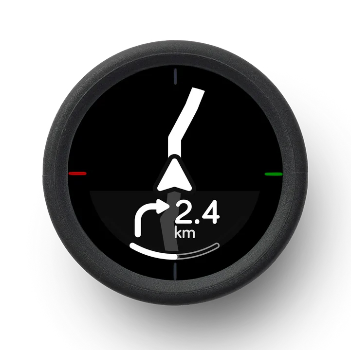 the perfectly round Beeline Velo Bike computer loaded to show how simple its navigation is to follow