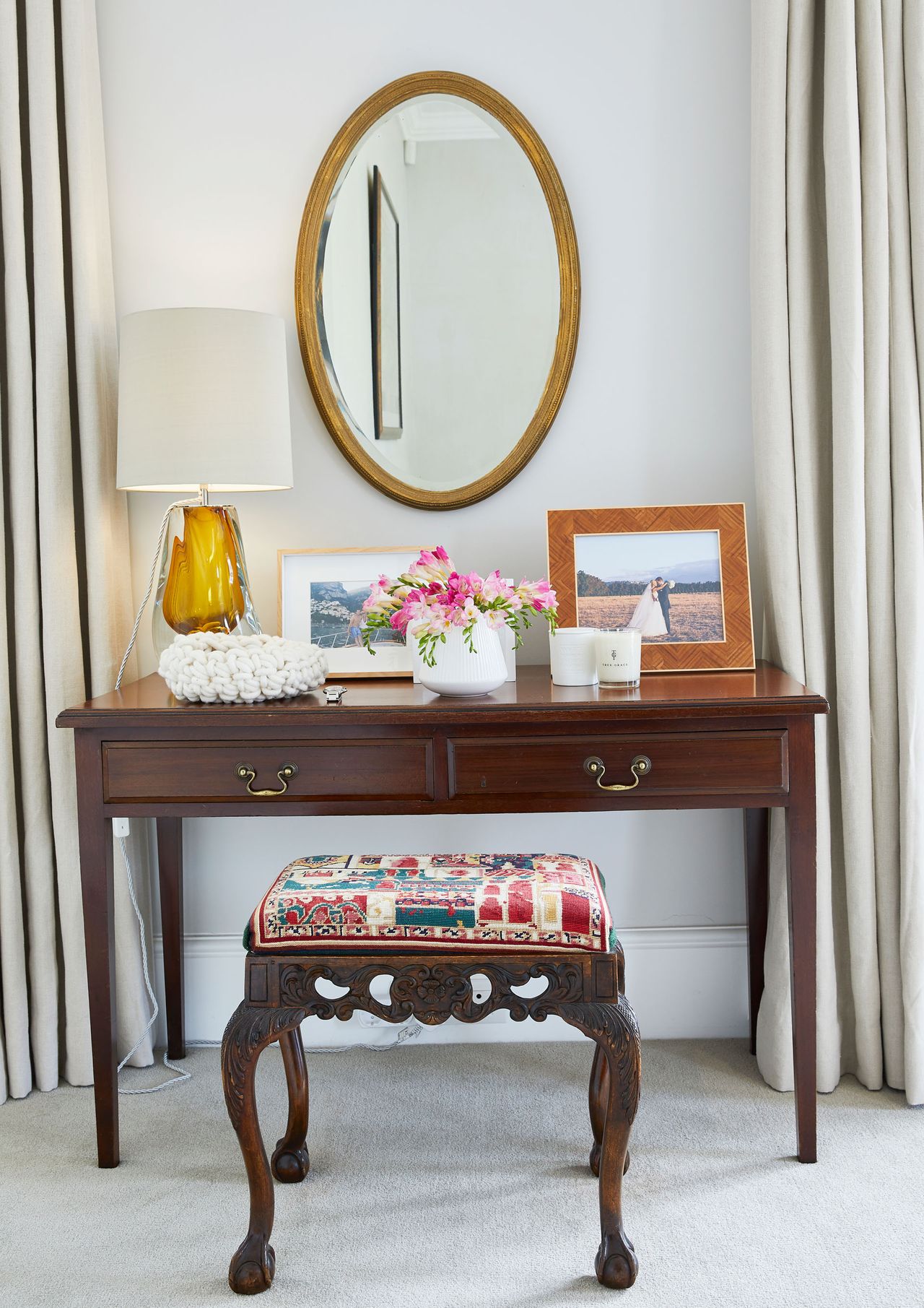 Wooden dressing table and table stool, oval mirror