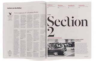 The front page of section 2. Henrik Kubel's elegant custom display font, Indy Hairline, neatly links the section to the rest of the newspaper.