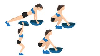 Vector woman performing burpee in four stages using a balance trainer