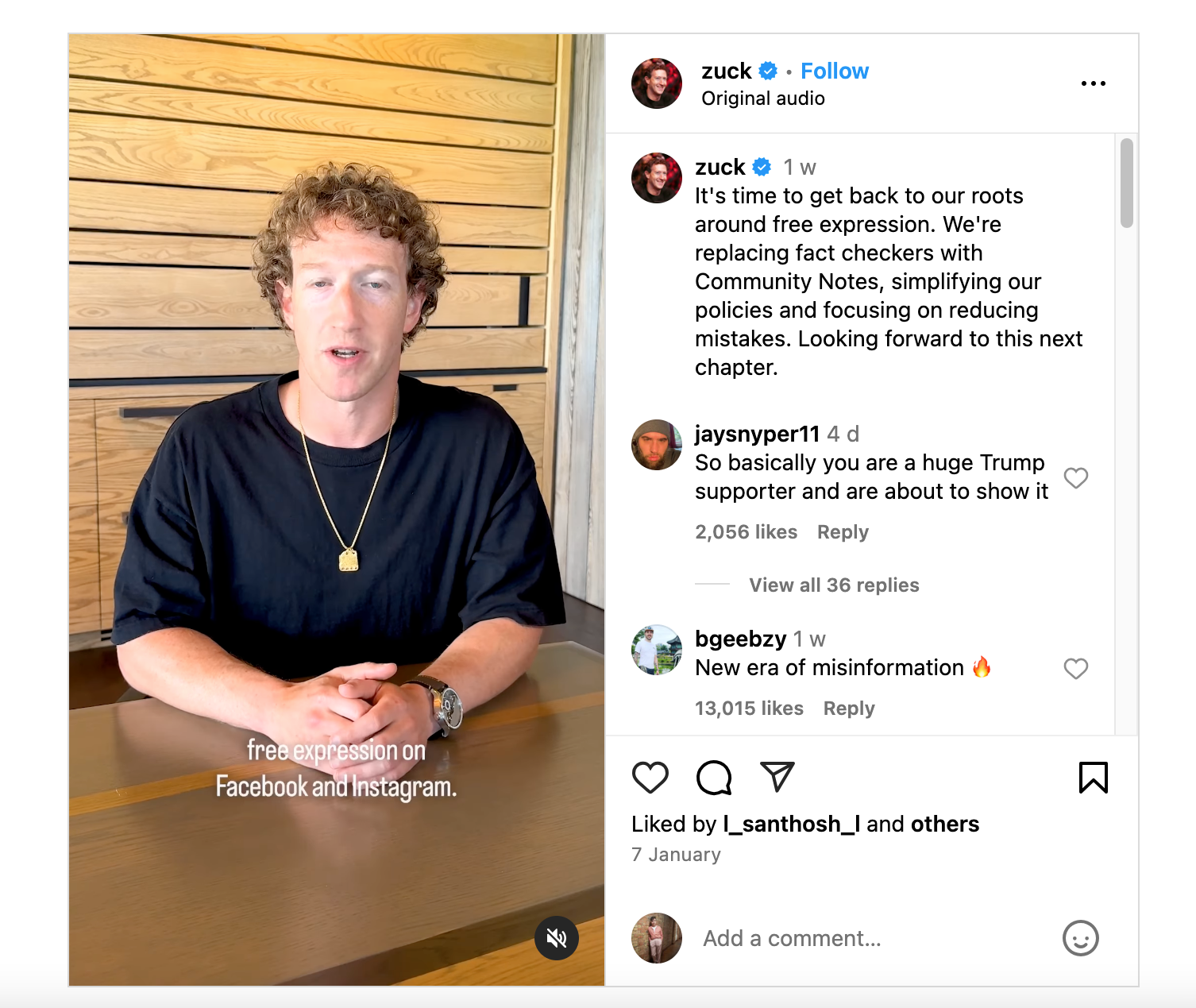 Screenshot of Mark Zuckerberg's Instagram video, showing a commenter calling him a 