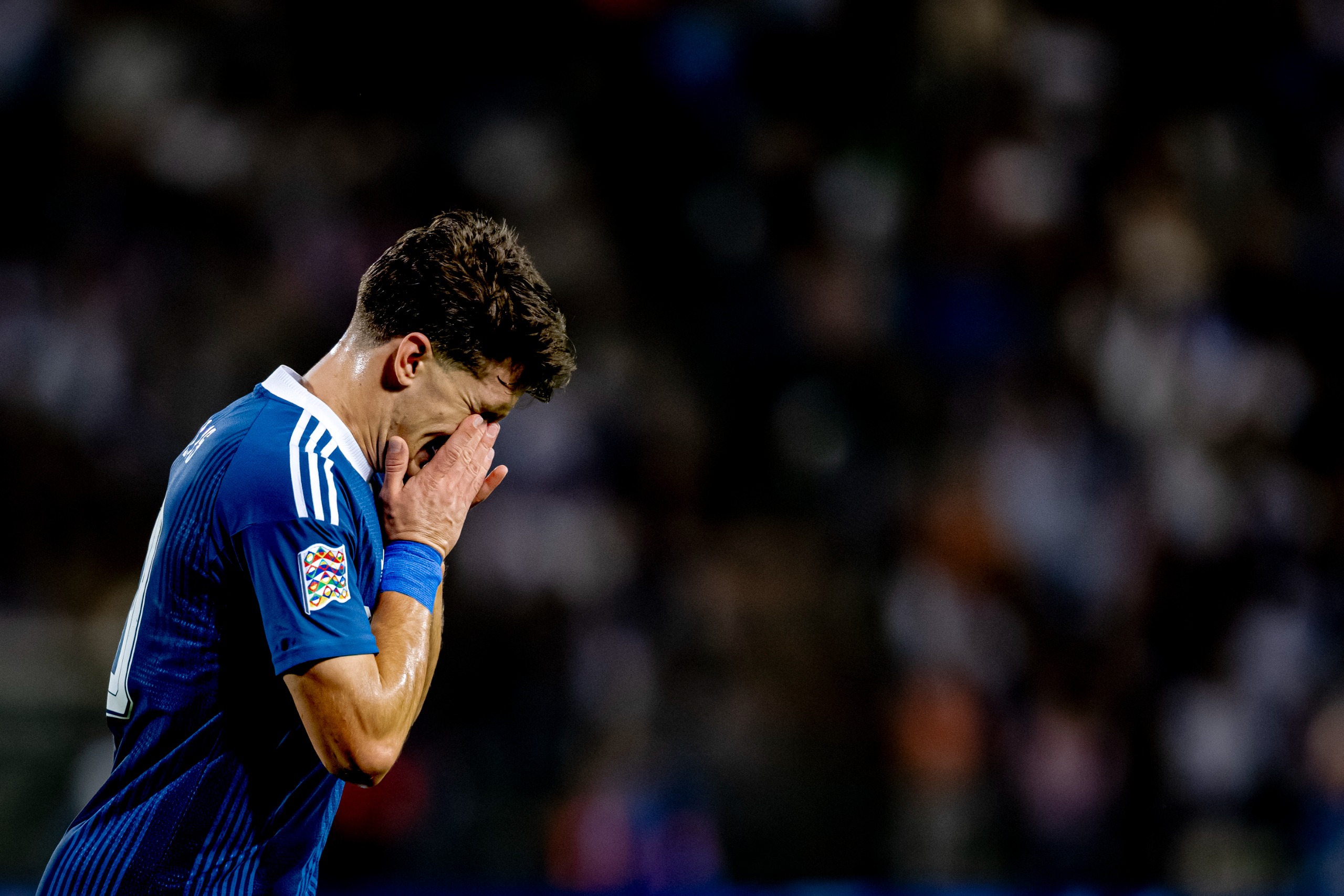 Greek forward Christos Tzolis sustains an injury during the UEFA Nations League match between Greece and the Netherlands at Toumba Stadium in Thessaloniki, Greece, on October 1, 2026.