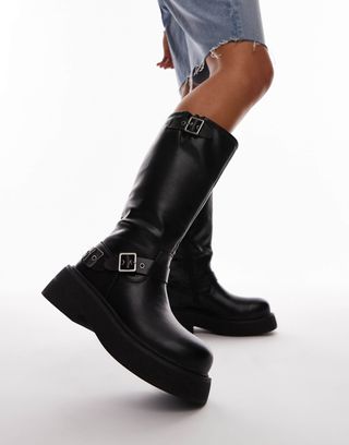 Topshop Roy Chunky Biker Boots With Hardware in Black