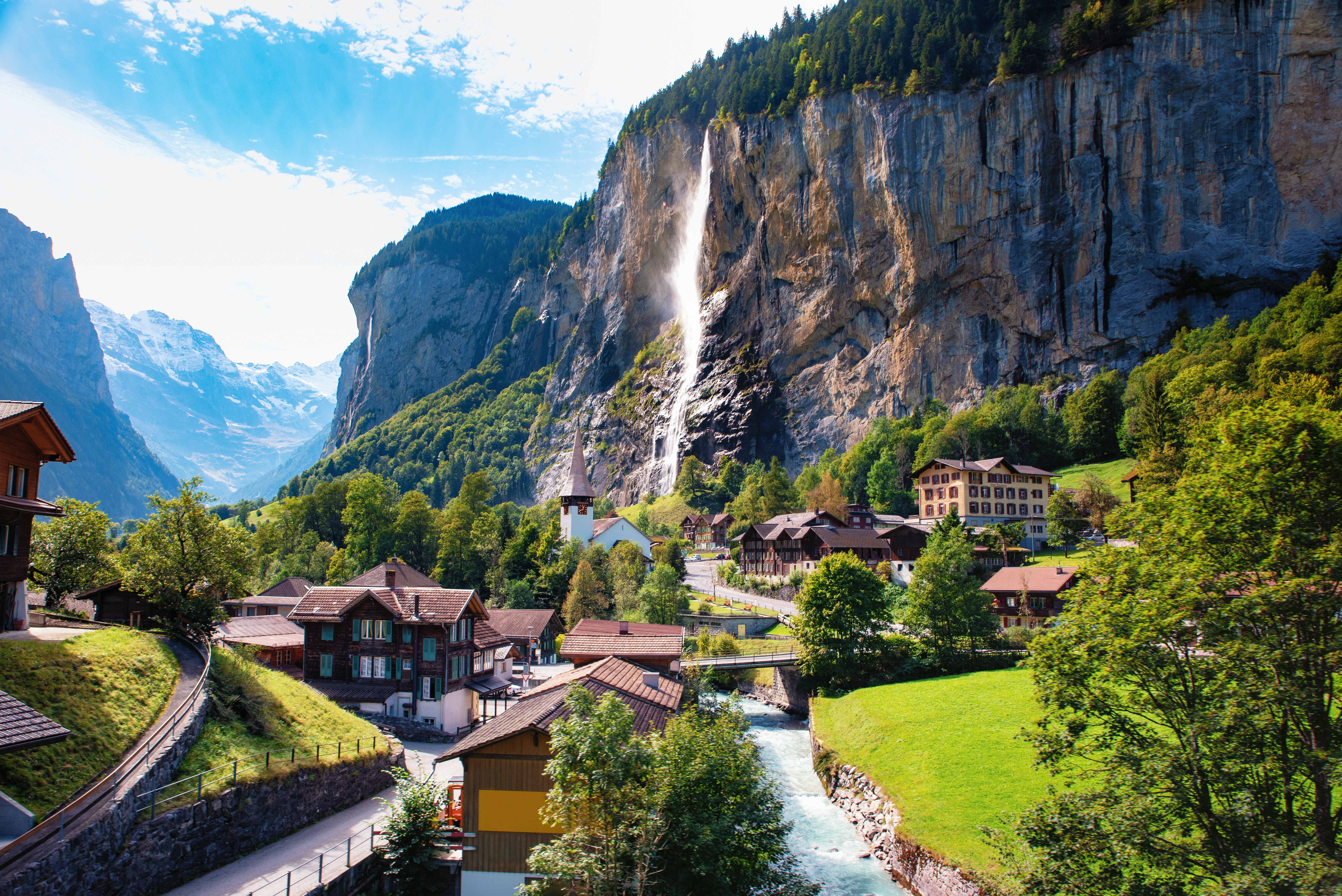 View of Lauterbrunnen valley on a bright sunny day, Switzerland