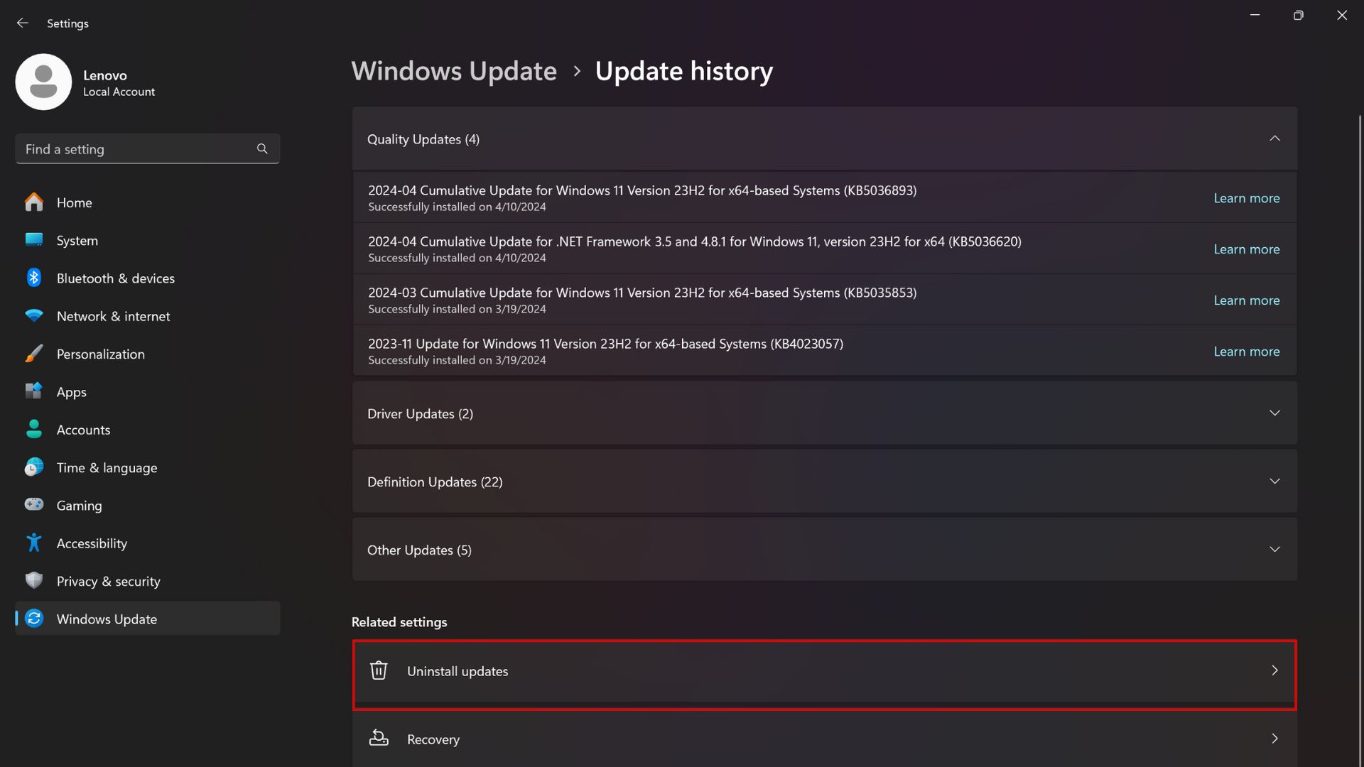 clicking uninstall updates in update history menu