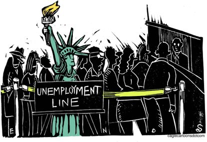Editorial Cartoon U.S. Statue of liberty unemployment line
