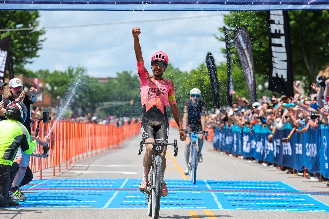 Lachlan Morton celebrates his win in the 2024 Unbound Gravel