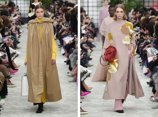 Left, model wears a gathered coat with a pleated collar in beige. Right, model wears a floral dress in a nude pink with a red leather bag