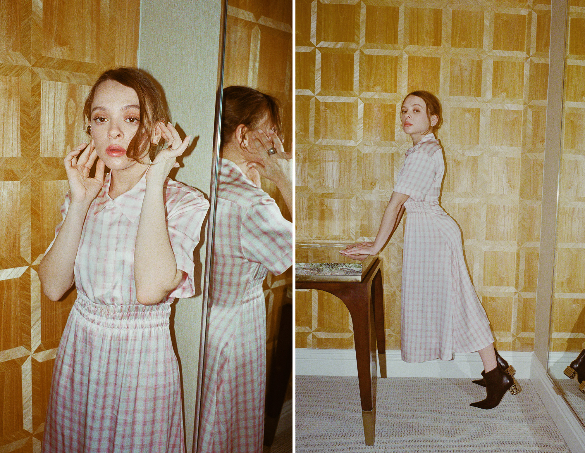 Actress Shira Haas poses for a portrait shoot in support of her latest film Captain America: Brave New World wearing a pink and white gingham shirt dress and black ankle boots.