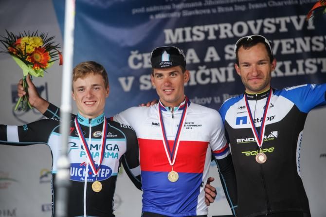 The 2014 Czech national road race podium (l-r): Petr Vakoc, Zdeněk &Scaron;tybar and Jan Barta