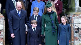 Prince William, Prince Louis, Prince George, Catherine, Princess of Wales and Princess Charlotte attend the 2024 Christmas Morning Service