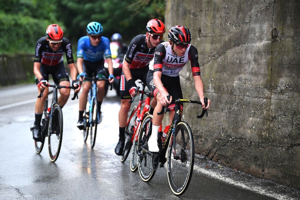 VARESE ITALY OCTOBER 05 Tadej Pogacar of Slovenia and UAE Team Emirates competes in the breakaway during the 100th Tre Valli Varesine a 1967km race from Busto Arsizio to Varese 377m AlfredoBindaVa on October 05 2021 in Varese Italy Photo by Tim de WaeleGetty Images