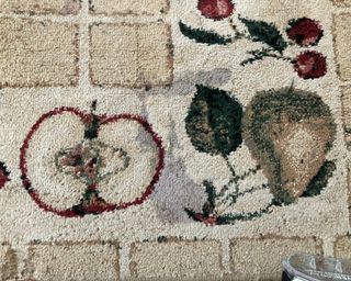 A red wine stain on beige and cream area rug with apple, cherry and pear motif