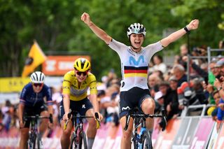 MAURIAC FRANCE JULY 24 Liane Lippert of Germany and Movistar Team celebrates at finish line as stage winner during the 2nd Tour de France Femmes 2023 Stage 2 a 1517km stage from ClermontFerrand to Mauriac UCIWWT on July 24 2023 in Mauriac France Photo by Alex BroadwayGetty Images