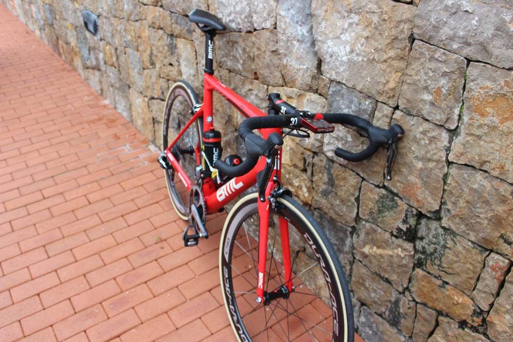The 2017 red BMC Teammachine SLR01 awaits Rohan Dennis
