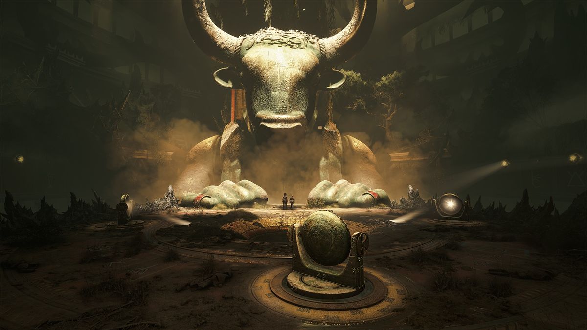 Sophia and Leni look small next to a huge statue of a minotaur, which looms above a platform with hands clasped onto it, in Resonance: A Plague Tale Legacy