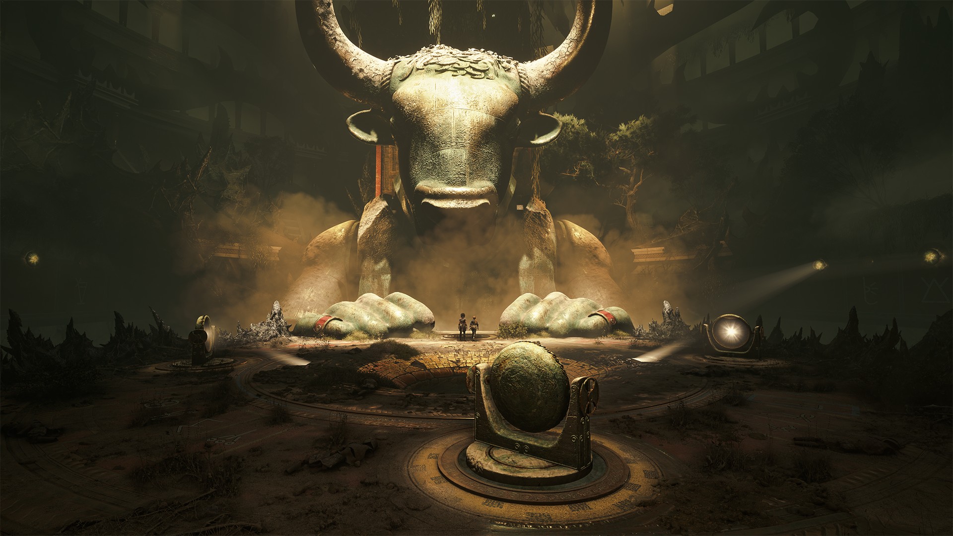 Sophia and Leni look small next to a huge statue of a minotaur, which looms above a platform with hands clasped onto it, in Resonance: A Plague Tale Legacy